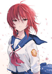  angel_beats! asami_yuriko badge blue_sailor_collar blue_skirt commentary_request cowboy_shot female highres iwasawa_masami neckerchief parted_lips petals pink_neckerchief pleated_skirt red_eyes red_hair sailor_collar school_uniform serafuku shinda_sekai_sensen_uniform short_hair simple_background skirt solo white_background 