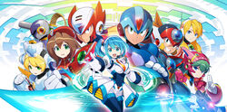  4boys 5girls alia_(mega_man) ammunition android armor axl_(mega_man) blonde_hair blue_eyes blue_hair brown_hair cannon cinnamon_(mega_man) cover forehead_jewel gem gloves green_eyes green_hair gun happy hat helmet highres iris_(mega_man) long_hair marino_(mega_man) mega_man_(series) mega_man_x8 mega_man_x:_command_mission mega_man_x_(series) mega_man_x_dive mizuno_keisuke multiple_boys multiple_girls navigator nurse_cap official_art ponytail rico_(mega_man) robot robot_ears scar short_hair side_ponytail smile very_long_hair video_game_cover vile_(mega_man) weapon x_(mega_man) zero_(mega_man) 