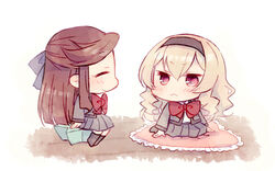  2girls :&lt; arms_at_sides black_hairband black_socks blonde_hair blue_bow blunt_ends blush bow bowtie brown_hair chibi closed_eyes closed_mouth commentary_request cushion facing_another frilled_pillow frills grey_jacket grey_skirt hairband hairbow half_updo heart heart-shaped_pillow jacket kneehighs long_hair looking_at_viewer miniskirt multiple_girls no_shoes on_floor open_clothes open_jacket parted_bangs pillow pink_eyes pleated_skirt profile red_bow red_bowtie saijou_claudine school_uniform seishou_music_academy_uniform shirt shoujo_kageki_revue_starlight sidelocks sitting skirt smile socks tendou_maya v-shaped_eyebrows wato_(ko) wavy_hair white_background white_shirt wooden_floor 