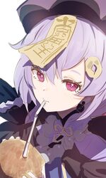  bead_necklace beads coconut commentary_request drink drinking drinking_straw female fruit_cup genshin_impact half-closed_eyes hat jewelry jiangshi korean_commentary moth1 necklace purple_eyes purple_hair qiqi_(genshin_impact) solo 