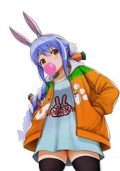  alternate_costume animal_ear_fluff animal_ears blue_hair braid breasts carrot_hair_ornament chewing_gum female food-themed_hair_ornament hair_ornament hololive long_hair looking_at_viewer multicolored_hair rabbit_ears rabbit_girl twin_braids usada_pekora virtual_youtuber white_hair yamasan_ossan 