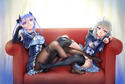  &gt;:) 2girls ahoge assault_lily black_bow black_skirt black_thighhighs blue_eyes blue_hair bow braid breasts brown_pantyhose center_frills closed_mouth commentary couch cropped_jacket curtains day detached_sleeves elbow_rest fang_out frilled_shirt frilled_shirt_collar frilled_skirt frills full_body garter_straps grey_hair hair_between_eyes hairbow hand_on_another&#039;s_knee hand_on_own_cheek hand_on_own_face head_on_arm head_rest hood hood_down indoors jewelry kanabako_misora knees_up leaning_to_the_side leg_between_thighs long_hair long_sleeves looking_at_viewer medium_breasts miniskirt mori_tatsuki multiple_girls nenshuu5man no_shoes oerba_yun_fang on_couch pantyhose pleated_skirt purple_eyes ring school_uniform shirt short_sleeves sitting skirt sleeve_bow sleeves_past_wrists smile thighband_pantyhose thighhighs twin_braids underbust v-shaped_eyebrows white_bow white_shirt yurigaoka_girls_academy_school_uniform 