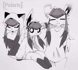  absurd_res ambiguous_gender anthro blush blush_lines clothing ears_up eeveelution fan_character fur fur_markings generation_4_pokemon glaceon grey_hair hair hands_behind_back hi_res hood_up hoodie long_hair markings monochrome multiple_images multiple_outfits nintendo pokemon pokemon_(species) polaris satori_(verfyhi) shaded shirt simple_background simple_eyes simple_shading sitting smug solo standing striped_markings stripes t-shirt topwear white_body white_fur 