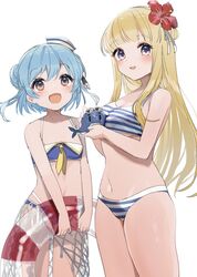  2girls bikini blonde_hair blue_bikini blue_hair breasts cleavage cosplay costume_switch cowboy_shot dixie_cup_hat double_bun fletcher_(kancolle) fletcher_mk_ii_(swimsuit_mode)_(kancolle) flower hair_bun hair_flower hair_ornament hairband hat holding holding_swim_ring innertube kantai_collection large_breasts little_blue_whale_(kancolle) long_hair looking_at_viewer military_hat multiple_girls open_mouth purple_eyes samuel_b._roberts_(kancolle) short_hair smile striped_bikini striped_clothes swim_ring swimsuit whale white_background yamashichi_(mtseven) 