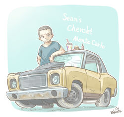  1boy artist_name blue_shirt brown_eyes brown_hair burger car chevrolet chevrolet_monte_carlo chibi collarbone cup disposable_cup drinking_straw fast_&amp;_furious food highres looking_to_the_side male_focus motor_vehicle muscle_car rabienu sean_boswell shirt smile tabasco the_fast_and_the_furious:_tokyo_drift vehicle_focus 