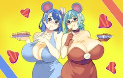  2girls absurdres animal_ears aqua_eyes aqua_hair bare_shoulders between_breasts blue_dress borrowed_character braid breasts brown_eyes chinese_zodiac cleavage covered_navel dress dripping eating english_commentary fake_animal_ears heart highres holding holding_plate honey huge_breasts inchou_(kaitsu_tokiyas) kaitsu_tokiyas looking_at_viewer mouse_ears multiple_girls original plate red_dress rina_atherina twin_braids year_of_the_rat 