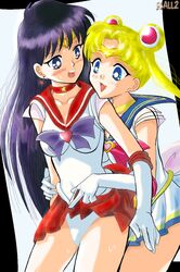  1990s 1999 20th_century 2girls :3 bishoujo_senshi_sailor_moon black_hair blonde_hair blue_eyes blush choker clothes color dark_hair double_bun earrings elbow_gloves female female_only front_view gloves human jewelry kou_(rall2) long_hair magical_girl multiple_girls panties rei_hino sailor_mars sailor_moon school_uniform seifuku serafuku skirt skirt_lift smooth_skin super_sailor_moon sweat tiara tied_hair twintails underwear usagi_tsukino white_panties yuri 