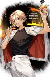  1boy black_shirt blonde_hair bo_1125359 champagne_coupe cowboy_shot cup drinking_glass empty_eyes food gold_trim grin highres holding holding_cup holding_spoon host jacket jacket_on_shoulders ketchup male_focus official_alternate_costume official_alternate_hairstyle omelet omurice pants sano_manjirou shirt short_hair smile solo spoon suit tokyo_revengers tokyo_revengers_unlimited white_jacket white_pants white_suit 