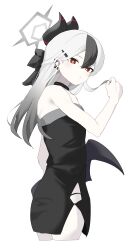  absurdres bare_arms bare_shoulders black_bow black_choker black_dress black_hair blue_archive blush bow choker commentary demon_girl demon_horns demon_wings dress ear_piercing earrings female fuyubone hair_between_eyes hairbow half_updo highres holding holding_own_hair horns jewelry kayoko_(blue_archive) kayoko_(dress)_(blue_archive) long_hair looking_at_viewer multicolored_hair official_alternate_costume official_alternate_hairstyle piercing red_eyes single_wing sleeveless sleeveless_dress solo two-tone_hair white_hair wings 