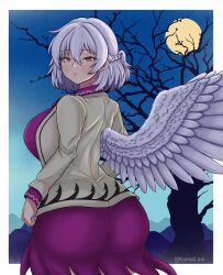  ass blush bow breasts dress feathered_wings female from_behind full_moon grey_hair highres jacket kishin_sagume large_breasts licen long_sleeves looking_at_viewer moon night purple_dress red_bow red_eyes sagume_day short_hair single_wing solo touhou white_wings wings 