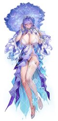  adapted_costume alternate_breast_size_(larger) ass_visible_through_thighs blue_flower bra breasts cantarella_(wuthering_waves) chinese_commentary closed_mouth commentary_request facial_mark female fingernails flower full_body garter_straps hair_between_eyes hair_flower hair_ornament headdress high_heels holding holding_umbrella huge_breasts lace-trimmed_thighhighs lace_trim long_fingernails looking_at_viewer mark_under_eye mole mole_under_eye nail_polish panties parasol purple_nails purple_umbrella shoes shrug_(clothing) single_garter_strap single_thighhigh smile solo thighhighs thighs tsuki_no_i-min umbrella underwear white_bra white_garter white_panties white_shoes white_shrug white_thighhighs wuthering_waves 