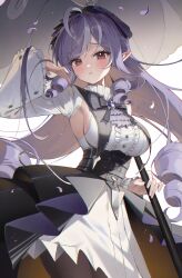  ascot black_pantyhose breasts center_frills chama_(chacoc0) dress drill_hair drill_sidelocks female frills hairband highres holding holding_umbrella large_breasts mole mole_under_eye pantyhose parasol parted_lips pointy_ears purple_ascot purple_hair purple_hairband red_eyes shrug_(clothing) sideboob sidelocks simple_background sleeveless sleeveless_dress solo twin_drills umbrella vivian_banshee white_background white_dress white_shrug zenless_zone_zero 