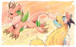  16:10 ambiguous_gender blue_body blue_eyes blue_fur dragon duo fur green_eyes hi_res kemono mythological_creature mythological_scalie mythology pink_body pink_fur pipisan scalie tail widescreen yellow_body yellow_fur 