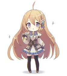  :o ahoge bangs black_legwear blue_bow blue_eyes blush bow breasts brown_footwear character_request commentary_request cryptract dress eyebrows_visible_through_hair female frilled_dress frills full_body grey_dress hair_between_eyes hair_ornament juliet_sleeves kikka_(kicca_choco) light_brown_hair long_hair long_sleeves looking_at_viewer parted_lips puffy_sleeves shadow sleeves_past_wrists small_breasts solo sparkle standing thighhighs very_long_hair white_background 