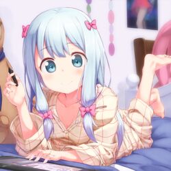  aqua_eyes barefoot blue_hair bow commentary eromanga_sensei female hairbow izumi_sagiri kuroneko_shiro long_hair looking_at_viewer lying on_stomach pajamas pink_bow solo stuffed_animal stuffed_toy stylus tablet_pc teddy_bear the_pose 