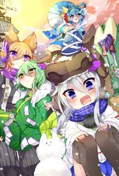  5girls absurdres animal_costume bad_id bad_pixiv_id bamboo blue_eyes blue_hair blush brown_hair cloud cloudy_sky commentary_request earmuffs feline flower green_hair hair_ornament hair_stick hairpin hat highres horse_costume japanese_clothes kaenuco kaku_seiga kimono long_hair miyako_yoshika mononobe_no_futo multiple_girls new_year oerba_yun_fang open_mouth purple_eyes purple_hair scarf short_hair sky snow soga_no_tojiko star_(symbol) sun touhou toyosatomimi_no_miko twilight umbrella white_hair yellow_eyes 