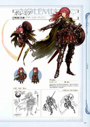  arm_guards armor armored_boots attack bag belt boots breastplate cape chainmail chibi concept_art female fingerless_gloves full_body gloves granblue_fantasy highres line_art long_hair looking_away minaba_hideo multiple_views non-web_source official_art photoshop_(medium) pink_eyes pink_hair scan shield standing sword torn_cape torn_clothes volenna weapon 