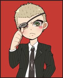  1boy blonde_hair blush_stickers danganronpa eyepatch formal freckles frown kuzuryuu_fuyuhiko mole moyori necktie red_background simple_background solo spoilers standing suit super_danganronpa_2 