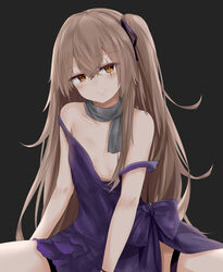  absurdres alternate_costume arm_support bangle bare_shoulders black_background blush bracelet breasts brown_eyes brown_hair casual chinese_commentary closed_mouth collarbone commentary_request crossed_bangs dress dress_slip female girls&#039;_frontline hair_between_eyes head_tilt highres jewelry long_hair looking_at_viewer mounting no_bra official_alternate_costume one_side_up purple_dress purple_ribbon ribbon ru_zhai scar scar_across_eye scar_on_face scarf sidelocks simple_background small_breasts smile spread_legs thighs ump45_(diamond_flower)_(girls&#039;_frontline) ump45_(girls&#039;_frontline) 