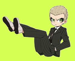  1boy blonde_hair blush_stickers danganronpa eyepatch formal freckles frown green_background kuzuryuu_fuyuhiko mole moyori necktie simple_background sitting solo suit super_danganronpa_2 