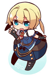  black_gloves blonde_hair blue_eyes blush chibi commentary_request female fingerless_gloves frederica_irving gloves looking_at_viewer naga_u open_mouth sekaiju_no_meikyuu shin_sekaiju_no_meikyuu short_hair smile solo 