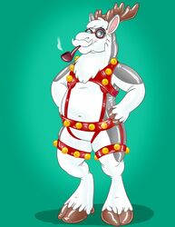  2018 anthro antlers barnaby_(overzen) blue_eyes christmas deer digital_drawing_(artwork) digital_media_(artwork) eyewear featureless_crotch glasses glistening green_background harness holidays horn hornbuckle latex looking_at_viewer male mammal new_world_deer overzen_(characters) reindeer simple_background smile smoke smoking_pipe solo standing 