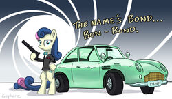  007 aston_martin bonbon_(mlp) car clothing cutie_mark english_text equid equine female friendship_is_magic fur gsphere_(artist) hair hasbro horse james_bond lyra_heartstrings_(mlp) mammal multicolored_hair my_little_pony pony semi-anthro solo text vehicle 