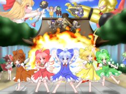  &gt;_&lt; 6+girls :&lt; :3 :d =_= ^^^ achi_cirno ahoge alternate_color alternate_costume alternate_element barefoot bird_costume blonde_hair blue_dress blue_eyes blue_hair blush bomb_item_(touhou) boots bow broom brown_dress brown_eyes brown_hair chains cirno closed_eyes commentary_request daiyousei detonator dress explosion fairy_wings fire giant giantess green_dress green_eyes green_hair hair_ribbon hairbow hakurei_reimu hapa_cirno hat highres hinanawi_tenshi hisou_tensoku horns ibuki_suika ice ice_wings ikazu_cirno kamen_rider kamen_rider_(1st_series) kirisame_marisa lightning_bolt_symbol luna_child mofu_mofu multiple_girls multiple_persona mystia_lorelei open_mouth outstretched_arms pink_hair red_dress red_eyes ribbon rumia sandals shocker_(kamen_rider) single_horn skeleton_costume smile standing star_sapphire sunny_milk super_sentai touhou wings witch_hat wriggle_nightbug yellow_dress yellow_eyes |_| 