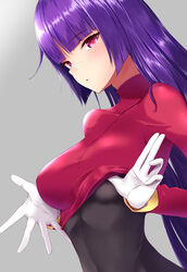  :o black_bodysuit blunt_bangs blush bodysuit breasts clothes_lift commentary female gloves hesumi hime_cut large_breasts long_hair long_sleeves looking_at_viewer pokemon pokemon_frlg purple_hair red_eyes sabrina_(pokemon) shirt_lift sidelocks skin_tight solo straight_hair undressing white_gloves 