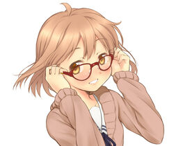  adjusting_eyewear ahoge blush bob_cut brown_hair cardigan commentary_request female glasses grin hand_on_eyewear jewelry kuriyama_mirai kyoukai_no_kanata piano-alice red-framed_eyewear ring school_uniform short_hair simple_background smile solo white_background yellow_eyes 