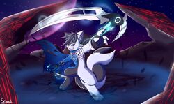  2016 2_tails absurd_res cloak clothing cocaine detailed_background dirt drugs energy galaxy glistening gloves handwear hi_res jewelry light male melee_weapon mountain multi_tail necklace paws planet polearm power rune_(lucca_sorren) scythe senz smile star tail tail_twist technology universe weapon 