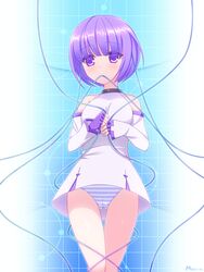  amamiya_marron artist_name ass_visible_through_thighs bare_shoulders blunt_bangs blush cameltoe commentary_request detached_sleeves dress espoir eyebrows eyes_visible_through_hair female fingerless_gloves from_below gloves holding mouth_hold panties pantyshot purple_eyes purple_hair short_hair solo sound_voltex standing striped_clothes striped_panties underwear wire 