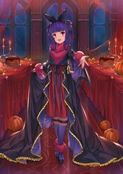  :d black_footwear black_hairband black_ribbon blunt_bangs blush burning candle candlestand commentary_request female fire fire_emblem fire_emblem:_the_sacred_stones fire_emblem_heroes food frills hair_ribbon hairband head_tilt high-waist_skirt highres indoors kneehighs long_hair myrrh_(fire_emblem) myrrh_(halloween)_(fire_emblem) night night_sky oerba_yun_fang open_mouth outstretched_arms pak_ce pumpkin purple_eyes purple_hair purple_socks red_skirt ribbon see-through shoes skirt sky smile socks solo standing striped_clothes striped_socks table vertical-striped_clothes vertical-striped_socks window wrist_cuffs 