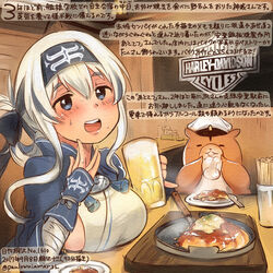  :d admiral_(kancolle) ainu ainu_clothes alcohol animal beer beer_mug blue_eyes blue_headband breasts colored_pencil_(medium) commentary_request cup dated female folded_ponytail hamster harley_davidson headband holding holding_cup kamoi_(kancolle) kantai_collection kirisawa_juuzou kirisawa_juuzou_(character) large_breasts logo long_hair looking_at_viewer mug non-human_admiral_(kancolle) numbered open_mouth revision smile traditional_media translation_request twitter_username white_hair 