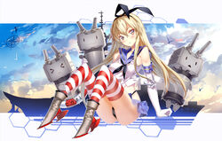  &gt;_&lt; :3 anchor ass bare_shoulders bird black_panties blonde_hair blue_sky blush closed_eyes cloud commentary compass_rose elbow_gloves female gloves grey_eyes hair_ribbon highleg highleg_panties innertube kantai_collection long_hair looking_at_viewer miniskirt miyazakisoul neckerchief panties photoshop_(medium) rensouhou-chan ribbon school_uniform serafuku shimakaze_(kancolle) shirt sitting skirt sky solo striped_clothes striped_thighhighs swim_ring thighhighs thong underwear upskirt very_long_hair white_gloves |_| 