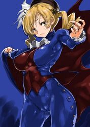  alternate_costume beret blonde_hair breasts cape commentary_request cosplay covered_nipples demitri_maximoff demitri_maximoff_(cosplay) drill_hair female hair_ornament hat large_breasts mahou_shoujo_madoka_magica mahou_shoujo_madoka_magica_(anime) matador shinama solo tomoe_mami vampire_(game) yellow_eyes 