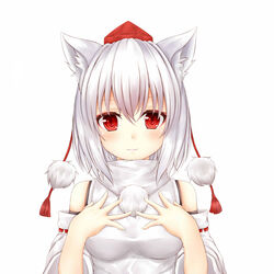  animal_ears banned_artist blush breasts detached_sleeves hat highres inubashiri_momiji looking_at_viewer medium_breasts oohirakeisuke red_eyes short_hair simple_background smile solo tokin_hat touhou upper_body white_background wolf_ears 