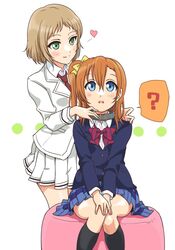  2girls ? blazer blue_eyes blush bow brown_hair collar commentary_request green_eyes hairbow heart jacket kira_tsubasa kosaka_honoka love_live! love_live!_school_idol_project multiple_girls one_side_up open_mouth orange_hair otonokizaka_school_uniform school_uniform short_hair skirt smile tetopetesone utx_school_uniform winter_uniform 