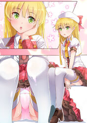  :o blonde_hair blush commentary_request female gaichi green_eyes hand_on_own_cheek hand_on_own_face hat high_heels idolmaster idolmaster_cinderella_girls jougasaki_rika long_hair looking_at_viewer necktie open_mouth panties pantyshot pink_panties plaid plaid_skirt school_uniform short_sleeves sitting skirt solo thighhighs underwear white_thighhighs yellow_necktie 