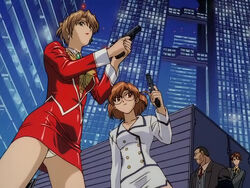  1990s_(style) 2boys 2girls agent_aika aida_gozo aida_rion aika_(series) anime_screenshot arm_up arms_up ass_visible_through_thighs black_jacket brooch brown_eyes brown_hair bustier city closed_mouth collarbone cropped_legs crotch_seam earrings folded_ponytail from_below gun handgun holding holding_gun holding_weapon jacket jewelry lipstick long_hair long_sleeves makeup michikusa_shuntaro motor_vehicle multiple_boys multiple_girls necktie night outdoors panties pantyshot pencil_skirt photoshop_(medium) red_jacket red_lips red_necktie retro_artstyle rimless_eyewear round_eyewear shirt short_hair side_slit skirt smile standing sumeragi_aika truck two-handed underwear weapon white_jacket white_panties white_skirt yellow_bustier yellow_shirt 