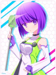  amamiya_marron artist_name bare_shoulders blunt_bangs collarbone commentary_request detached_sleeves espoir eyebrows eyes_visible_through_hair female fingerless_gloves framed gloves hair_between_eyes holding looking_at_viewer microphone parted_lips purple_eyes purple_hair short_hair solo sound_voltex upper_body 