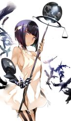  black_hair black_nails blunt_bangs bob_cut breasts commentary_request feathers female gauntlets hair_ornament highres looking_at_viewer medium_breasts nail_polish original purple_eyes short_hair shunsei_(muratou) sideboob solo 