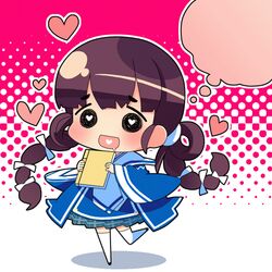  blush brown_hair chibi commentary_request female heart heart-shaped_pupils heart_in_mouth lowres onabe_no_kata open_mouth sengoku_taisen skirt solo suzuki_kokono symbol-shaped_pupils thighhighs thought_bubble twintails 