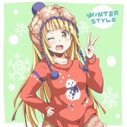  bang_dream! blonde_hair blush brown_hat collarbone commentary_request english_text female green_background hand_on_own_hip hat knit_hat long_hair long_sleeves looking_at_viewer one_eye_closed open_mouth pom_pom_(clothes) print_sweater red_sweater riai_(onsen) snowflake_background snowman_print solo sweater tsurumaki_kokoro v yellow_eyes 