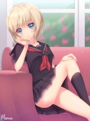  amamiya_marron artist_name bare_legs black_serafuku black_skirt blonde_hair blurry blush bush closed_mouth commentary_request couch depth_of_field eyebrows eyelashes female flower hand_on_own_cheek hand_on_own_face hand_on_own_knee hand_up head_rest head_tilt indoors knee_up kneehighs looking_at_viewer on_couch original pink_flower plant pleated_skirt school_uniform serafuku short_hair skirt smile socks solo tareme thighs upskirt window 