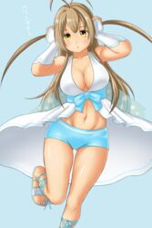  amagi_brilliant_park breasts brown_eyes brown_hair cleavage commentary_request cosplay female finalcake highres large_breasts long_hair midriff sento_isuzu shorts solo standing standing_on_one_leg sylphy_(amaburi) sylphy_(amaburi)_(cosplay) two_side_up 