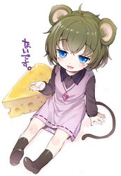  ahoge animal_ears black_footwear black_socks blue_eyes blush cheese commentary_request cookie_(touhou) dress fake_nyon_(cookie) female food full_body green_hair long_sleeves looking_at_viewer mary_janes mouse_ears mouse_tail mutsutake nazrin open_mouth pink_dress ribbon-trimmed_clothes ribbon_trim shoes short_hair simple_background sitting sleeveless sleeveless_dress smile socks solo tail touhou white_background 