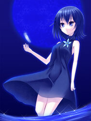  amamiya_marron bare_shoulders blue_eyes blue_hair blue_moon commentary_request dress eyebrows feathers female flower from_below hair_between_eyes highres kagome_(pop&#039;n_music) looking_down moon night night_sky outstretched_hand photoshop_(medium) pop&#039;n_music see-through short_hair sky sleeveless solo sparkle water 