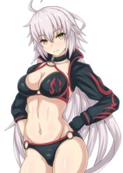  bikini black_bikini black_choker black_gloves black_jacket breasts choker cleavage commentary_request cowboy_shot cropped_jacket fate/grand_order fate_(series) female gloves hand_on_own_hip jacket jeanne_d&#039;arc_alter_(fate) jeanne_d&#039;arc_alter_(swimsuit_berserker)_(fate) linfa_(futari_midara) long_hair navel o-ring o-ring_bikini o-ring_bottom o-ring_top shrug_(clothing) simple_background solo swimsuit translation_request white_background white_hair 