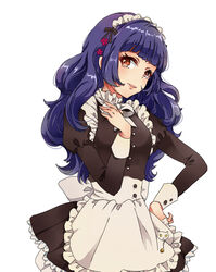  alternate_costume apron blush brown_eyes commentary_request enmaided female flower hair_flower hair_ornament hand_on_own_hip long_hair looking_at_viewer maid maid_headdress masaki_(celesta) ootori_chacha open_mouth purple_hair smile solo tokyo_7th_sisters wavy_hair 